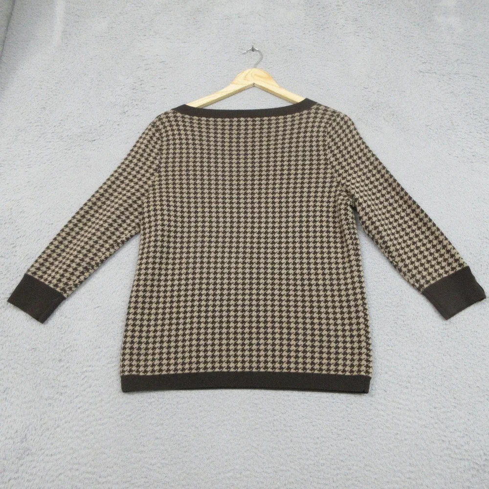 Talbots Merino Wool Sweater Womens Petite Large Brown Houndstooth Classic Preppy